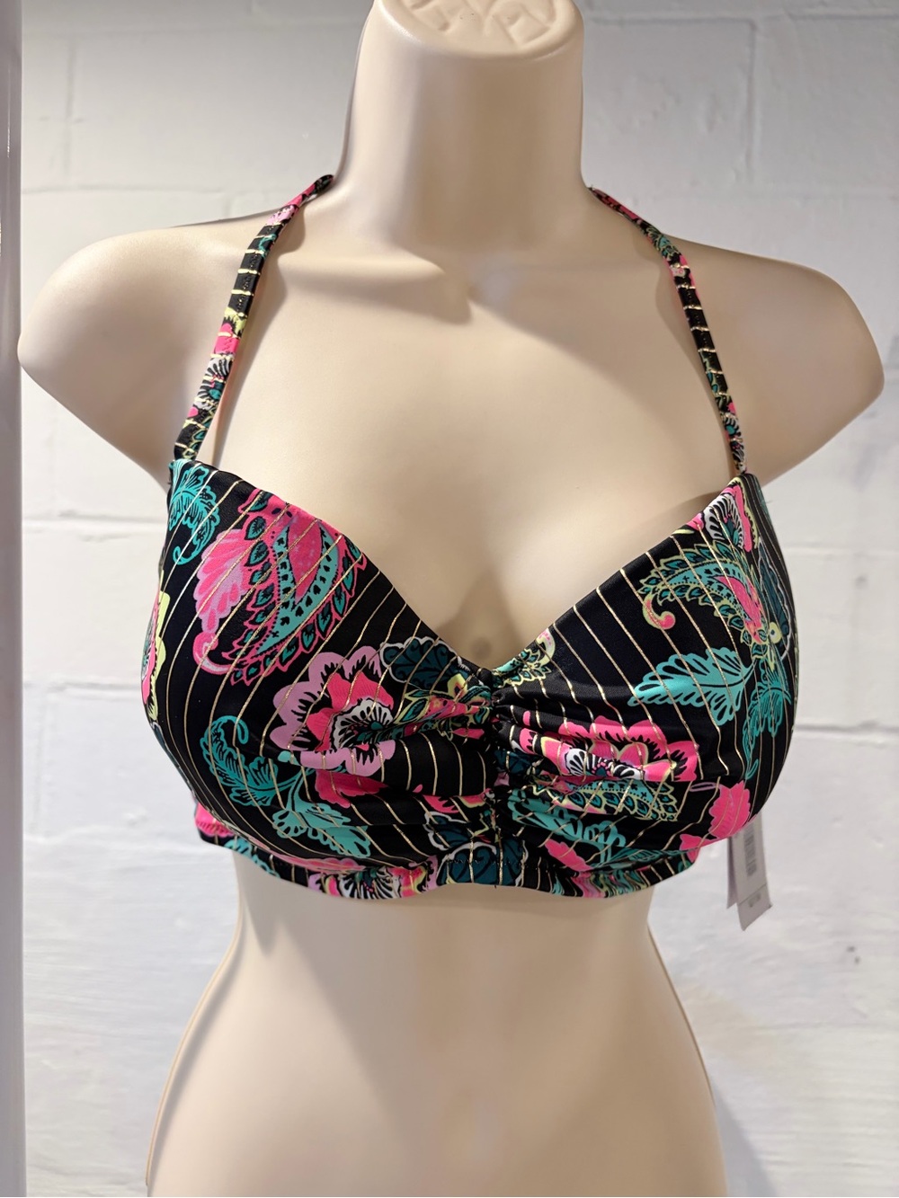 Shade & Shore Black Floral Halter Bikini top and bottom with Pink & Teal Accents